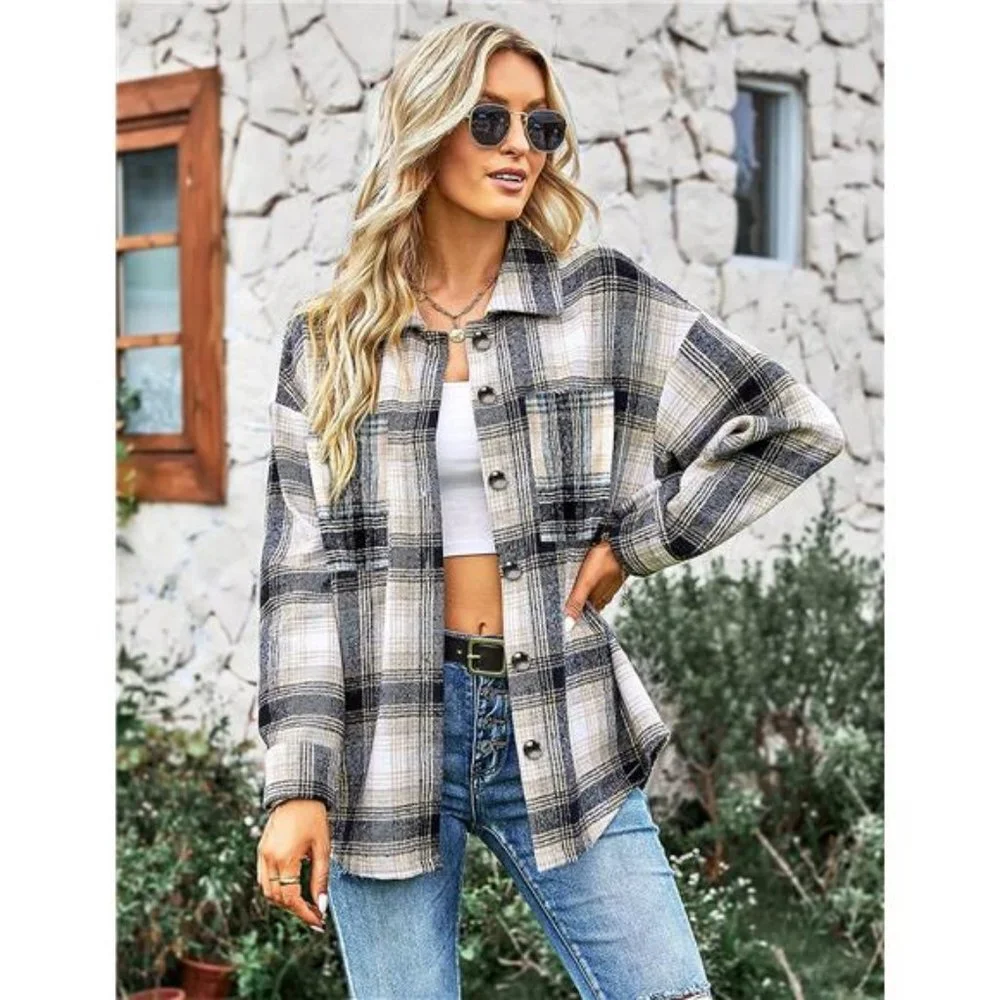 Navy Plaid Printed Flannel Button Up Shacket‎ Jacket Coat Thick Long Sleeve Top - Picture 2 of 6